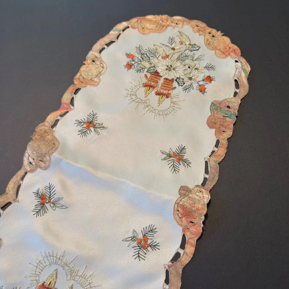 Vintage Christmas Table Runner Embroidered Candles Holly Gold Metallic 19.5x8